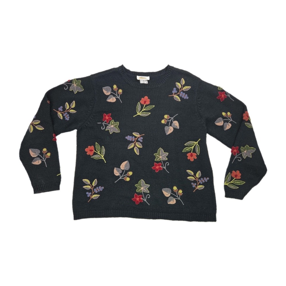 Vintage 90s Y2K Talbots Embroidered Crewel Sweater Size M Black Floral Ivy